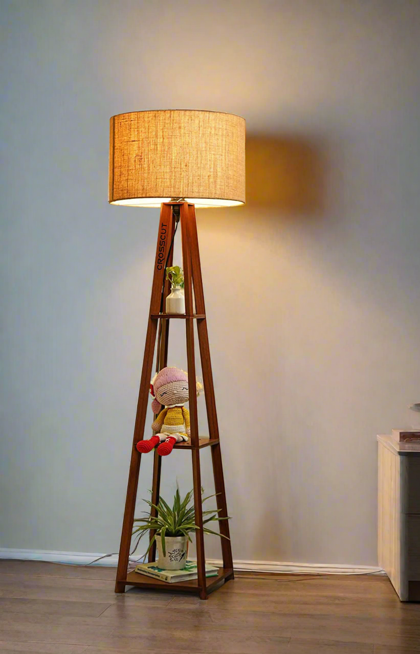 Wooden Floor Lamp with Shelf (Brown White)