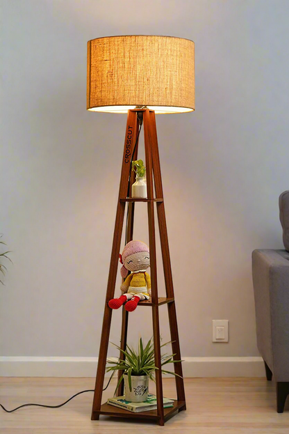 Wooden Floor Lamp with Shelf (Brown White)