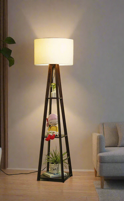 Wooden Floor Lamp with Shelf (Brown White)