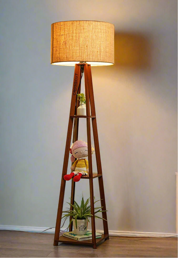 Wooden Floor Lamp with Shelf (Brown White)