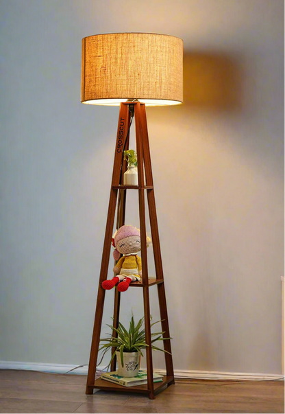 Wooden Floor Lamp with Shelf (Brown White)