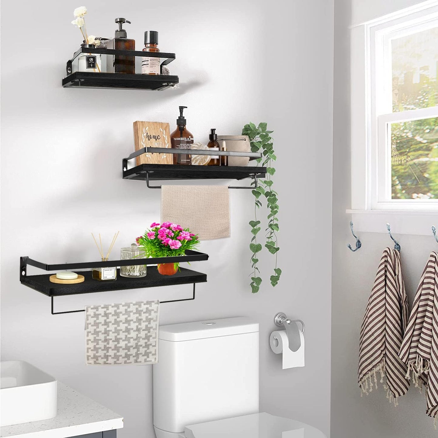 Wall Mounted Floating Shelves | Wall Shelves Set of 3 | Decorative Wood Storage Shelves for Kitchen, Bedroom, Living Room and Washroom
