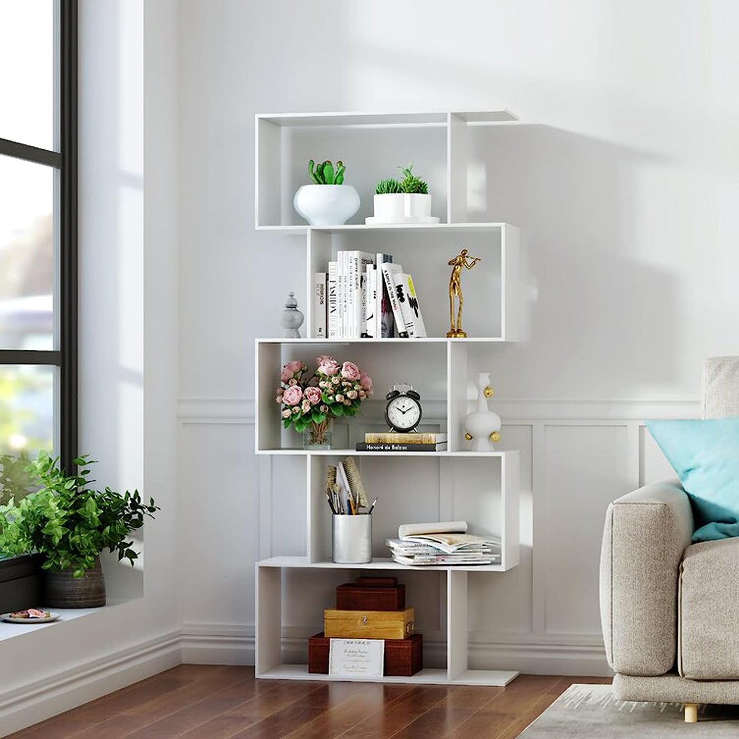 Function Home 5-Tier Bookshelf, Wooden S-Shaped Bookcase,