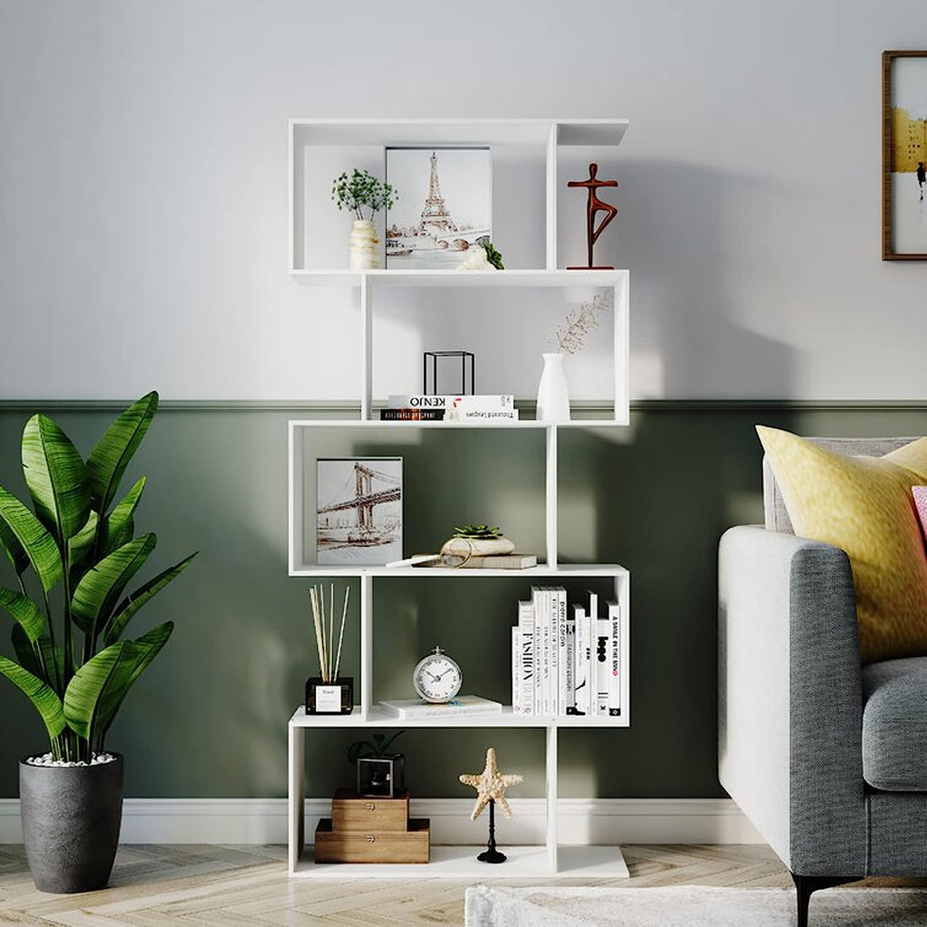 Function Home 5-Tier Bookshelf, Wooden S-Shaped Bookcase,