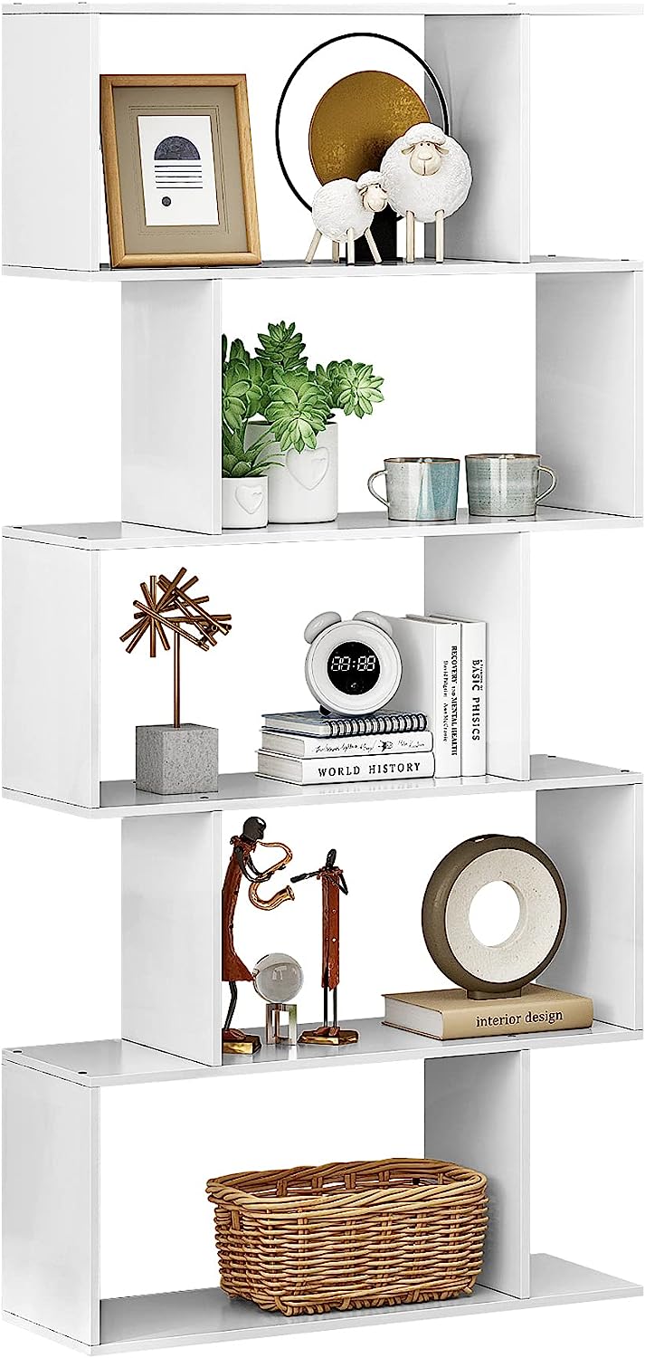 Function Home 5-Tier Bookshelf, Wooden S-Shaped Bookcase,