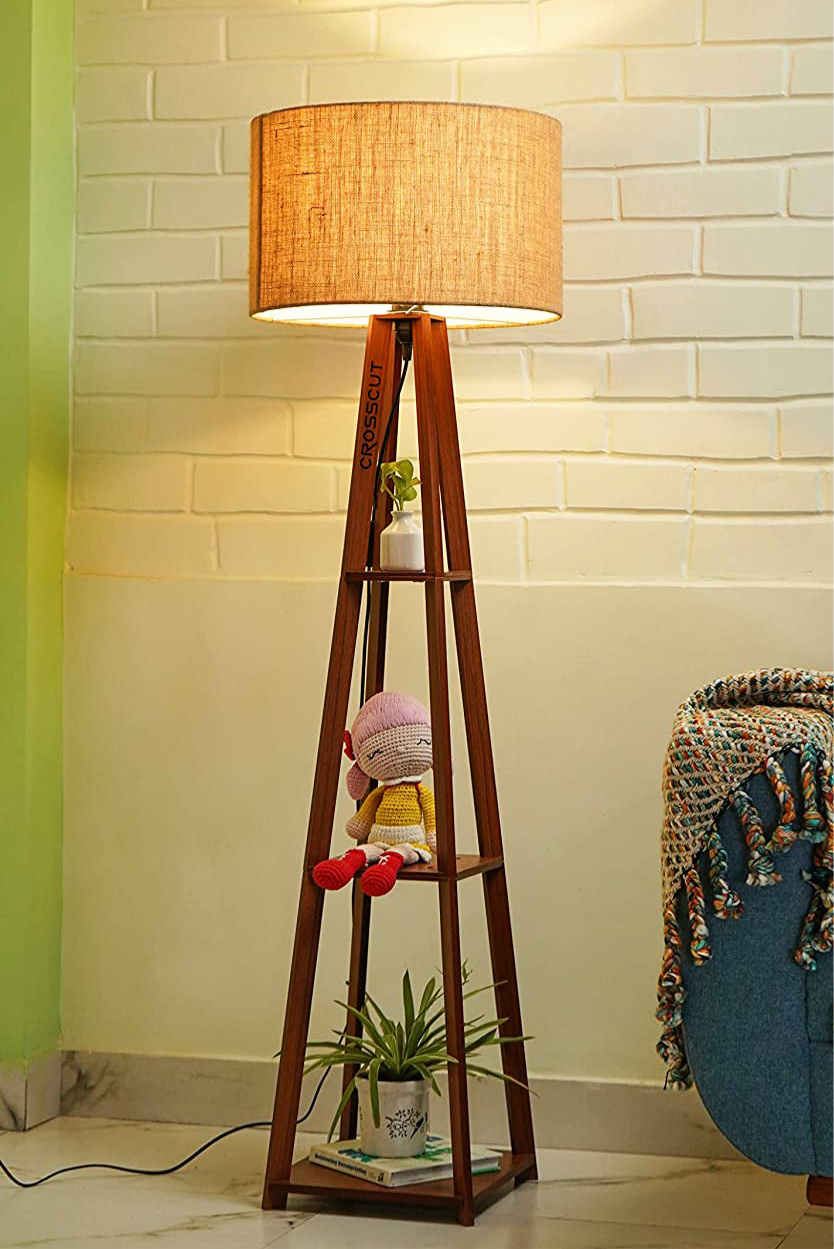 Wooden Floor Lamp with Shelf (Brown White)