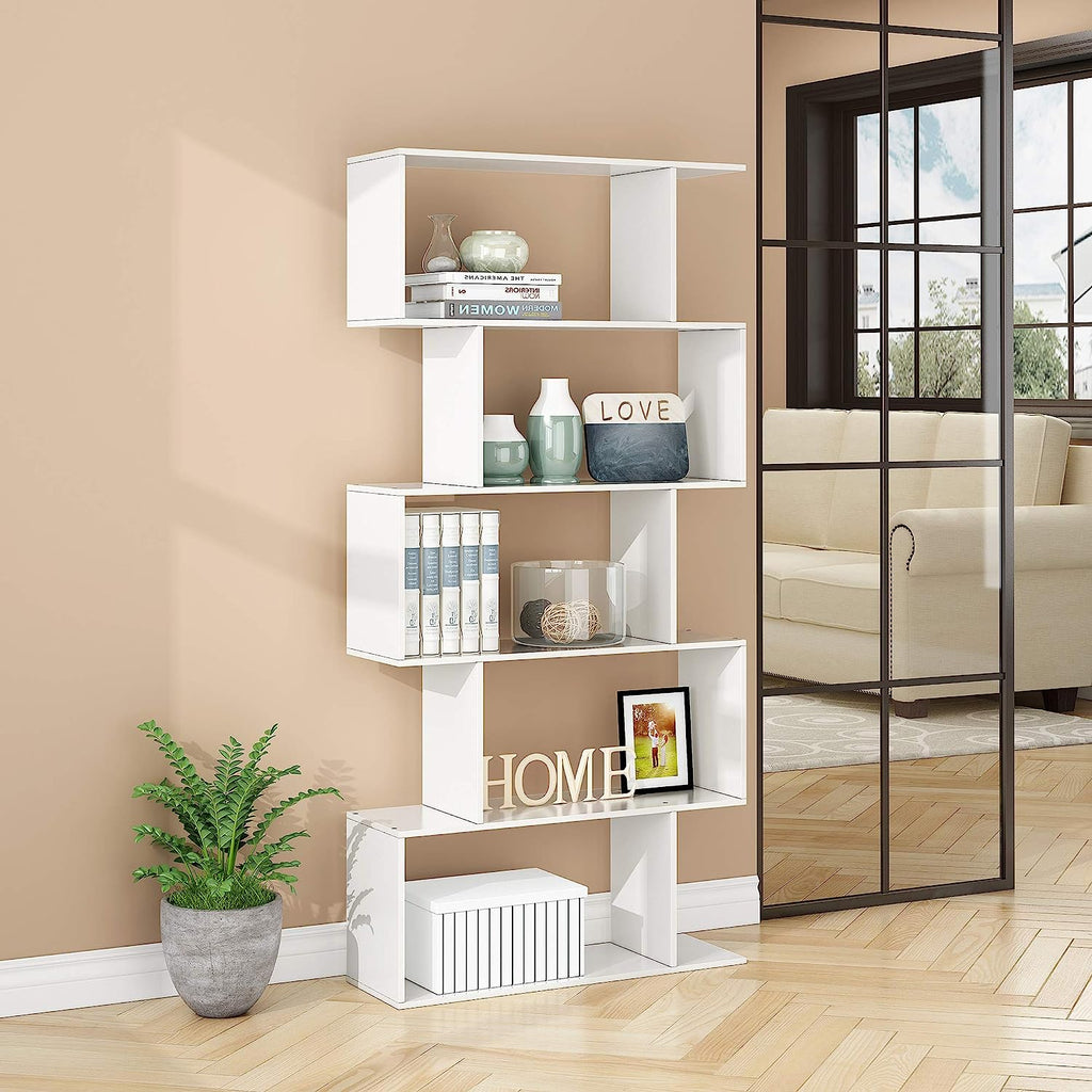 Function Home 5-Tier Bookshelf, Wooden S-Shaped Bookcase,