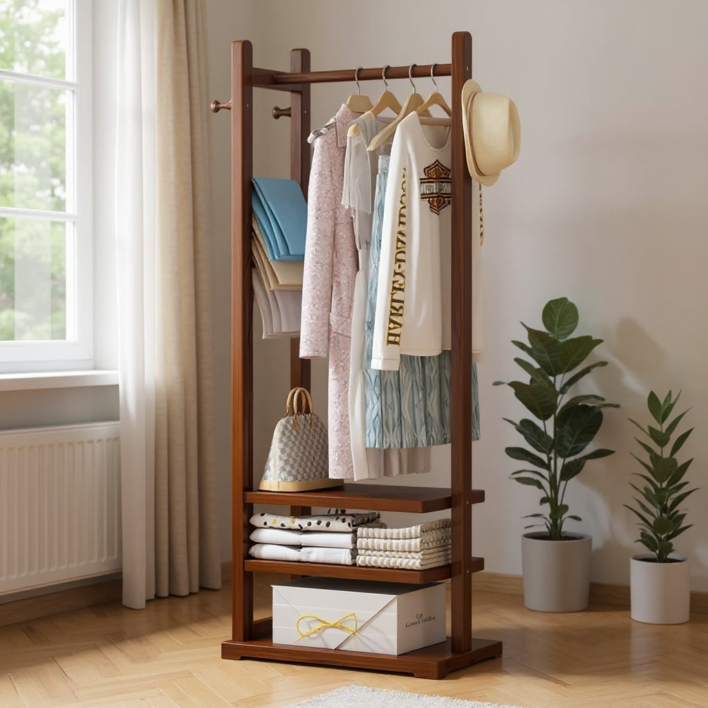 Single Clothes Stand with 2 Shelves and Hooks – Ideal for Bedrooms