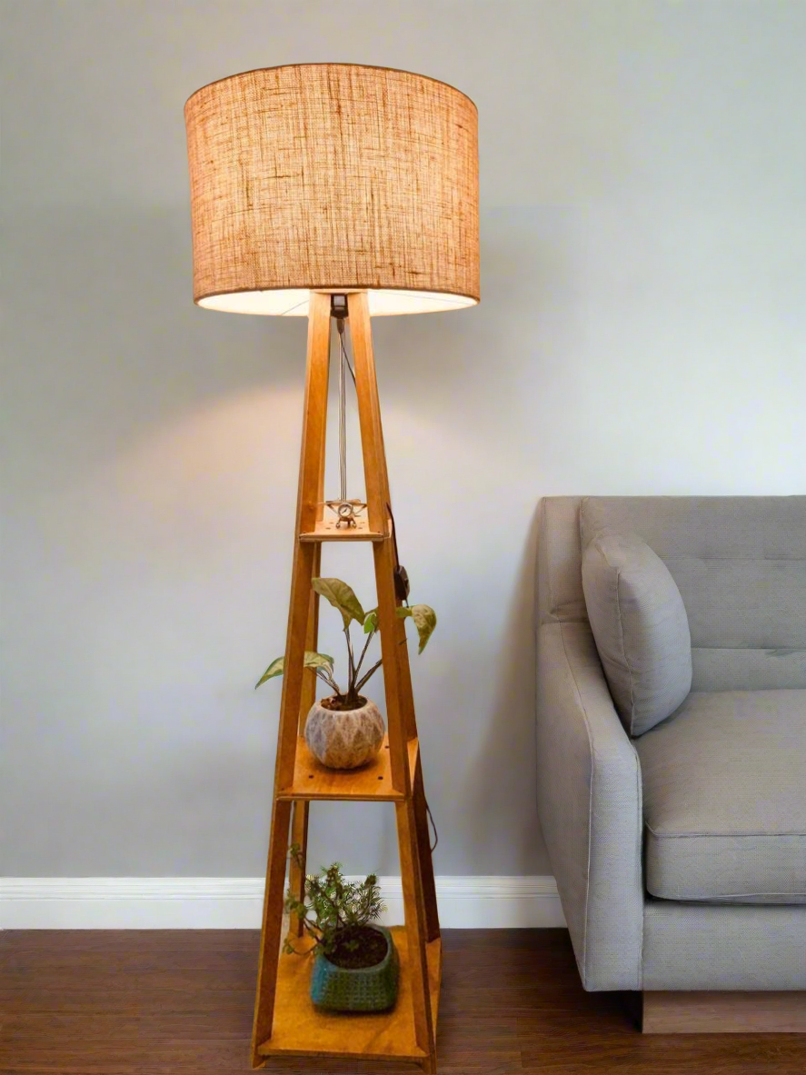 Wooden Floor Lamp With Jute Shade, Bulb And Holder