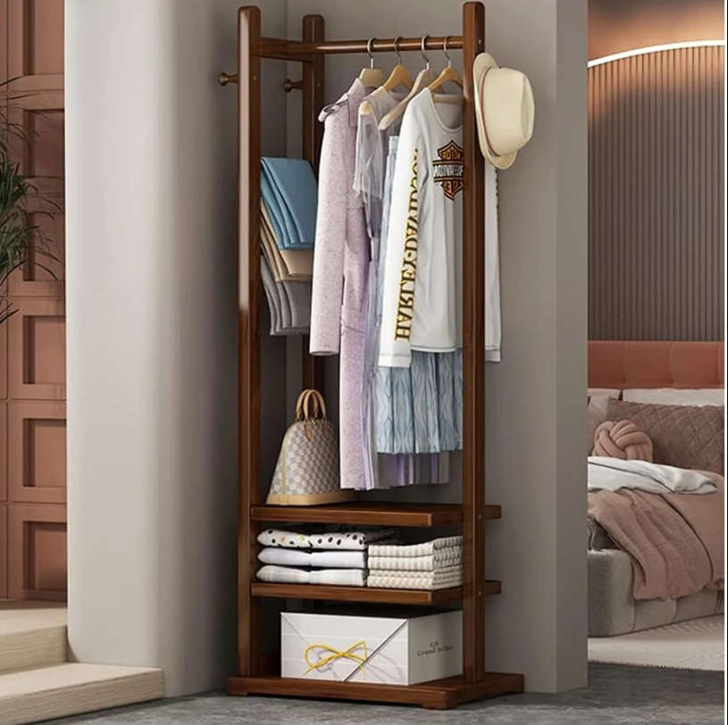 Stylish Wooden Cloth Stand with Shelves and Hooks – Ideal for Bedrooms
