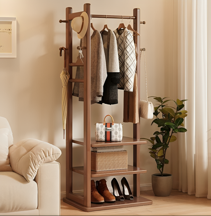 Stylish Wooden Cloth Stand with Shelves and Hooks – Ideal for Bedrooms