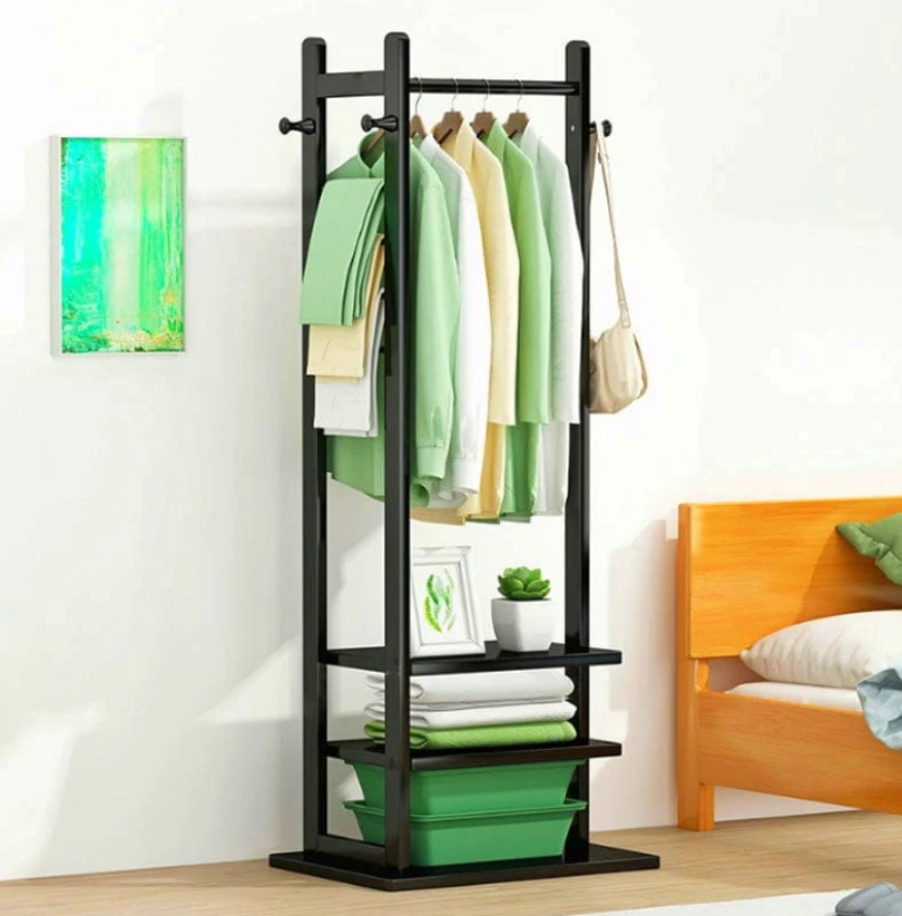 Single Clothes Stand with 2 Shelves and Hooks – Ideal for Bedrooms