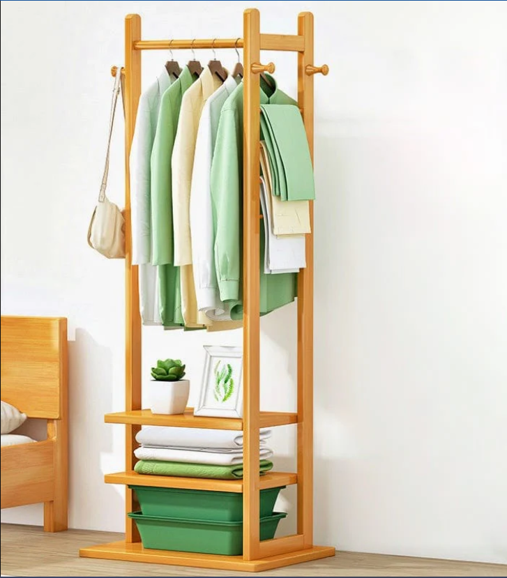 Single Clothes Stand with 2 Shelves and Hooks – Ideal for Bedrooms