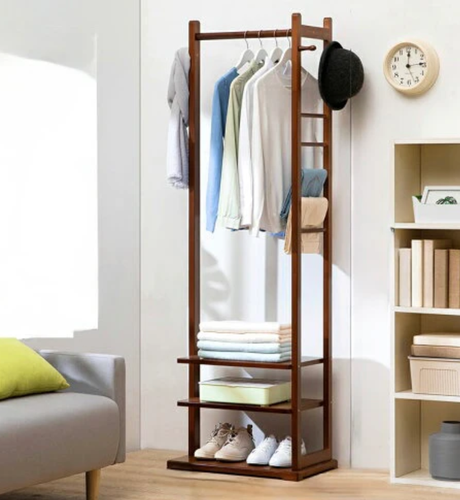 Single Clothes Stand with 2 Shelves and Hooks – Ideal for Bedrooms