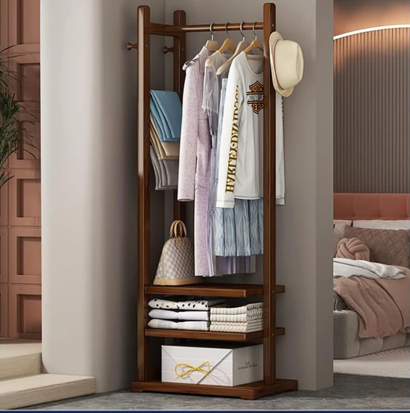 Single Clothes Stand with 2 Shelves and Hooks – Ideal for Bedrooms