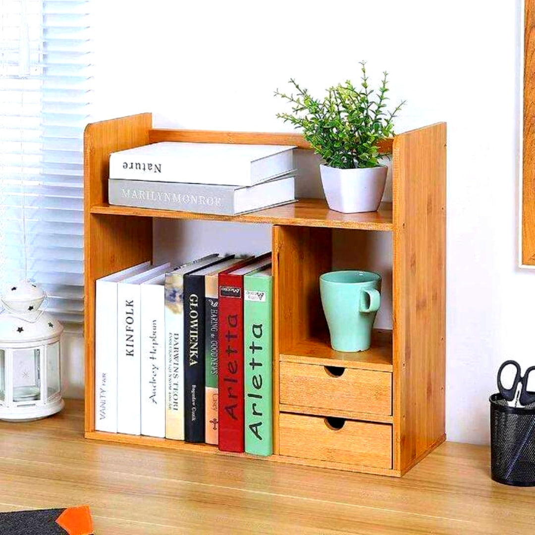 Exclusive Table Bookshelf For Office and Home | Wooden Desk Organizer | Document File Holder with 2 Drawers 2-Way Reversed Use