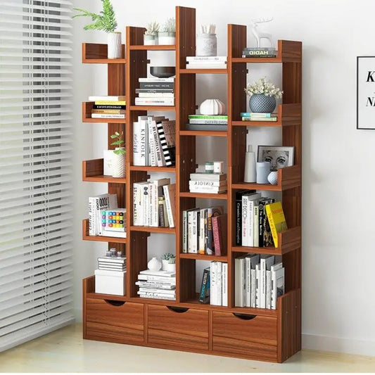 Wooden 4 Row L Shaped Book shelf with Drawer for Office & Home