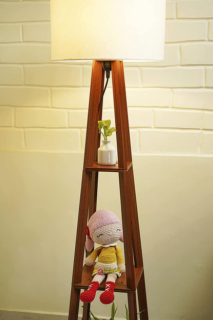 Wooden Floor Lamp with Shelf (Brown White)