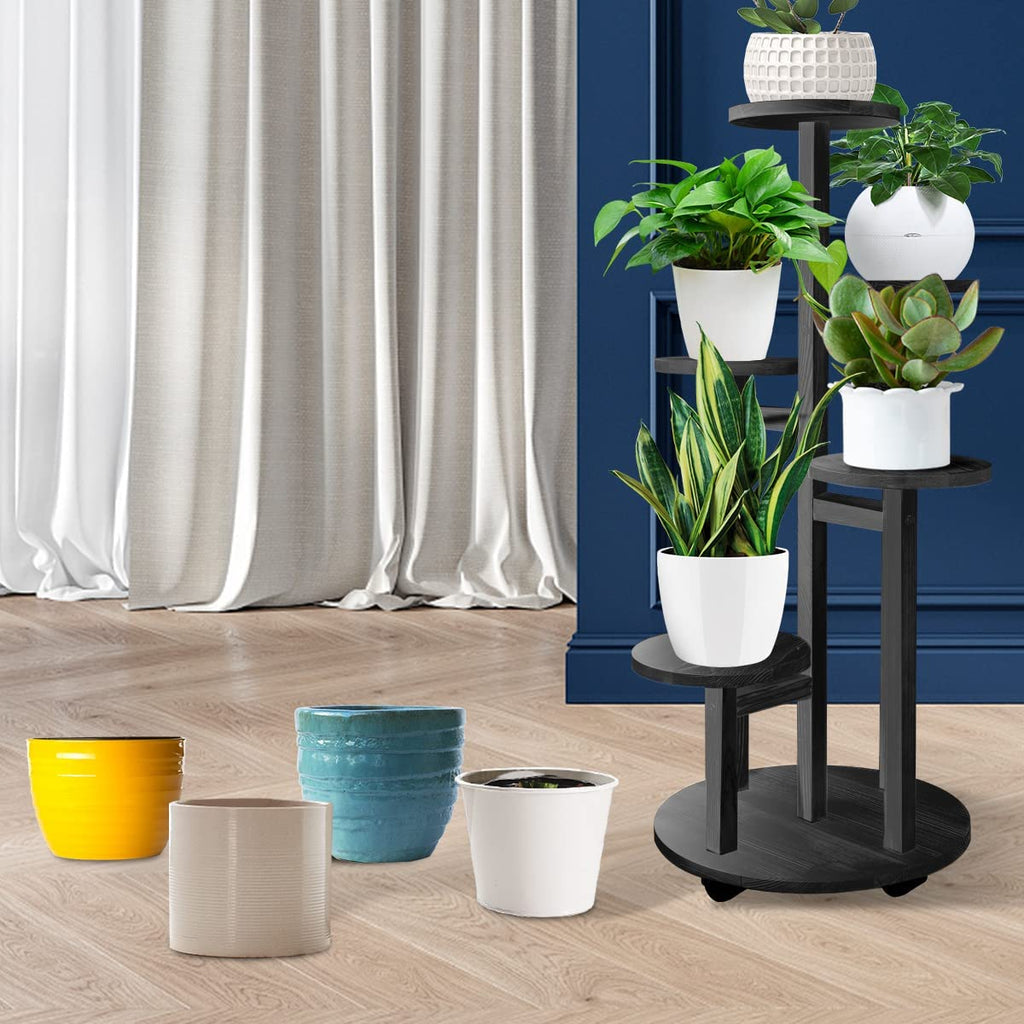 5 Tier Wooden Round Flower Plant Stand For Living Room, Office, Balcony