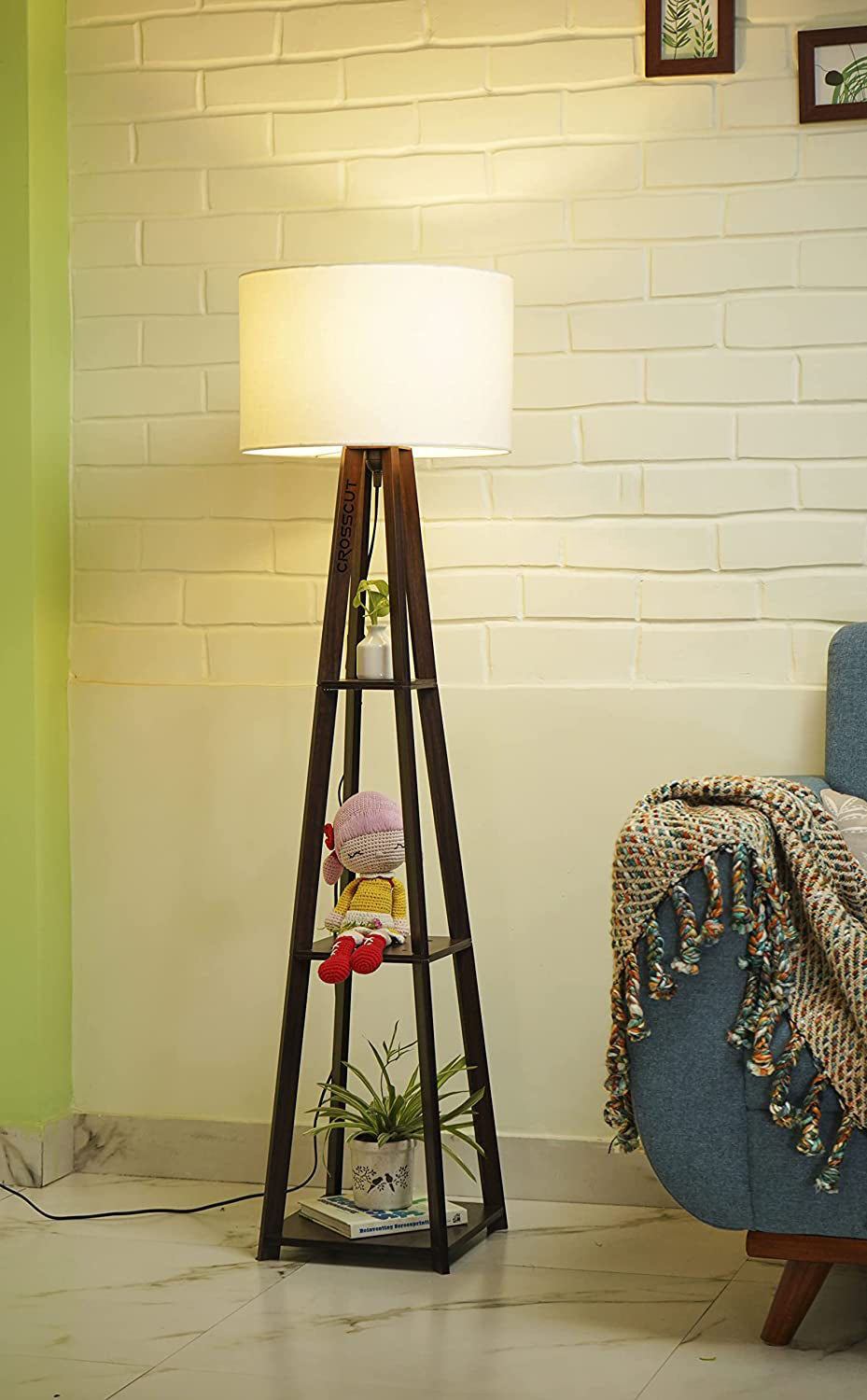 Wooden Floor Lamp with Shelf (Brown White)