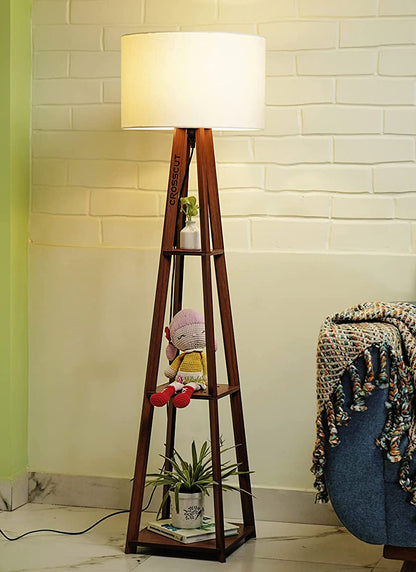 Wooden Floor Lamp with Shelf (Brown White)