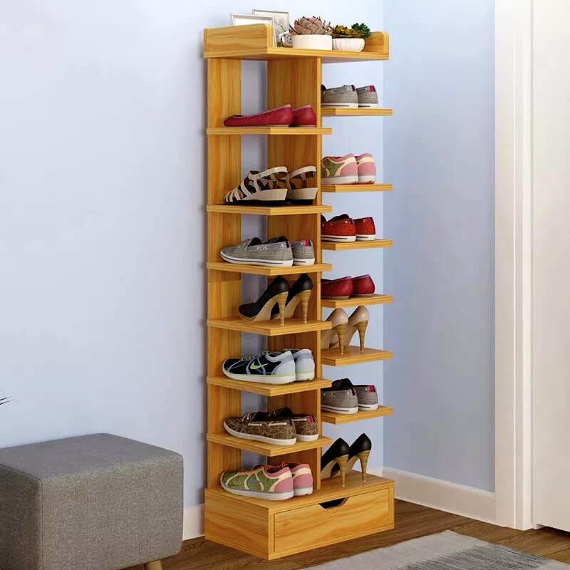 Double Row Wooden Shoe Rack With Box / Slippers Storage Shelves Organizer
