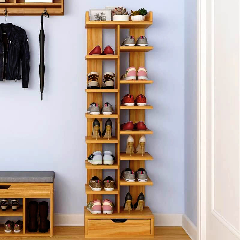 Double Row Wooden Shoe Rack With Box / Slippers Storage Shelves Organi ...