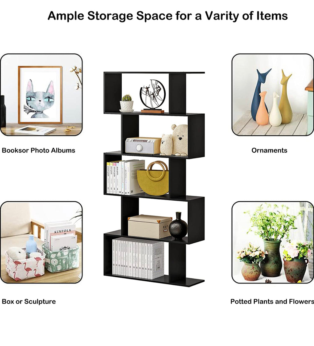 Function Home 5-Tier Bookshelf, Wooden S-Shaped Bookcase,