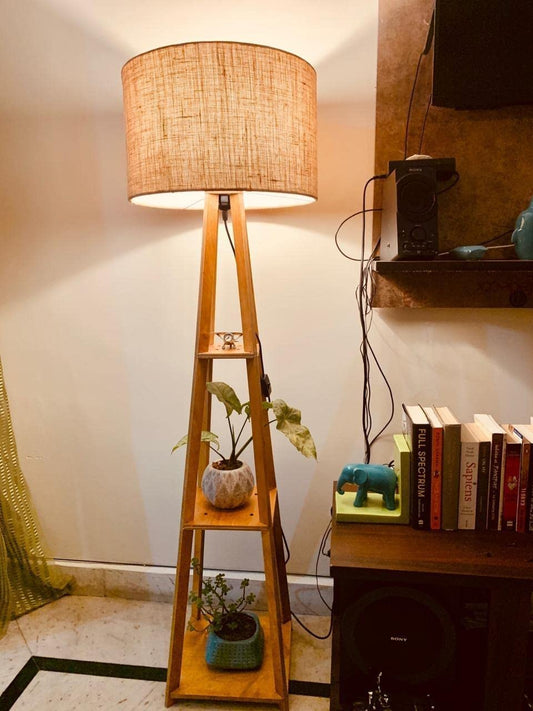 Wooden Floor Lamp With Jute Shade, Bulb And Holder