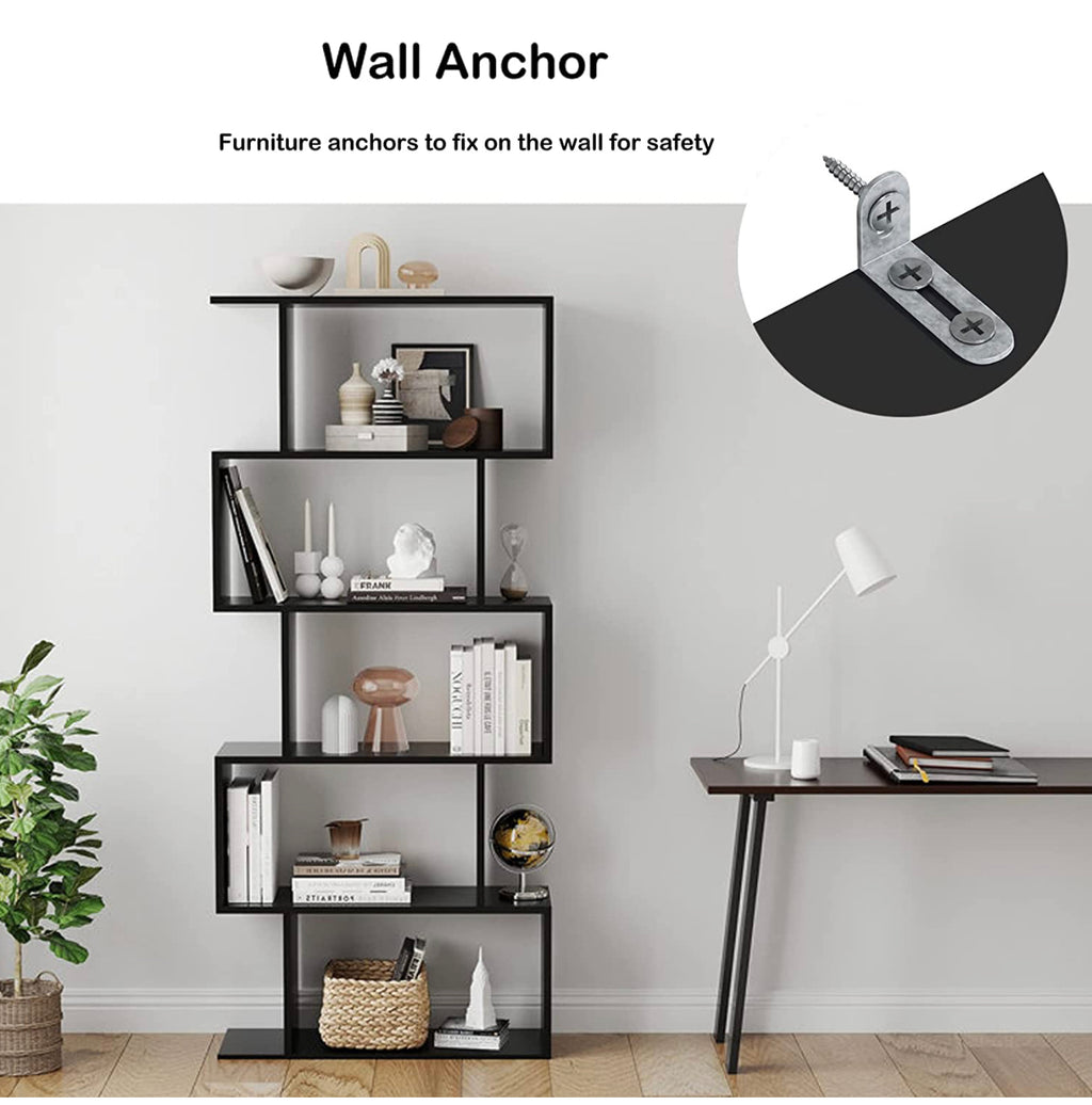 Function Home 5-Tier Bookshelf, Wooden S-Shaped Bookcase,