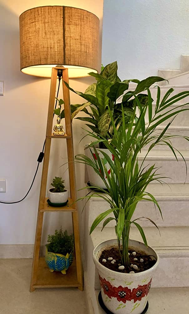 Wooden Floor Lamp With Jute Shade, Bulb And Holder
